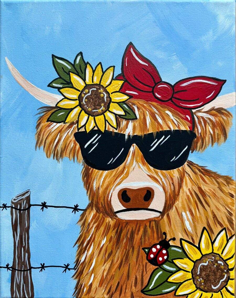 Honey the Highlander: a painted highland cow in sunglasses with a red bandana and sunflowers against a blue sky
